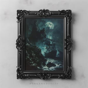 May include: A framed painting depicting a ship sailing past a rocky island under a full moon. The painting is in a dark, ornate frame with a black background.
