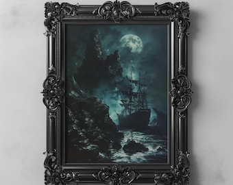 Haunted Ship, Full Moon Gothic Nautical Art, Pirate Ghost Ship Print, Mystical Dark Fantasy Wall Art, Coastal Seascape, Spooky Ocean Decor