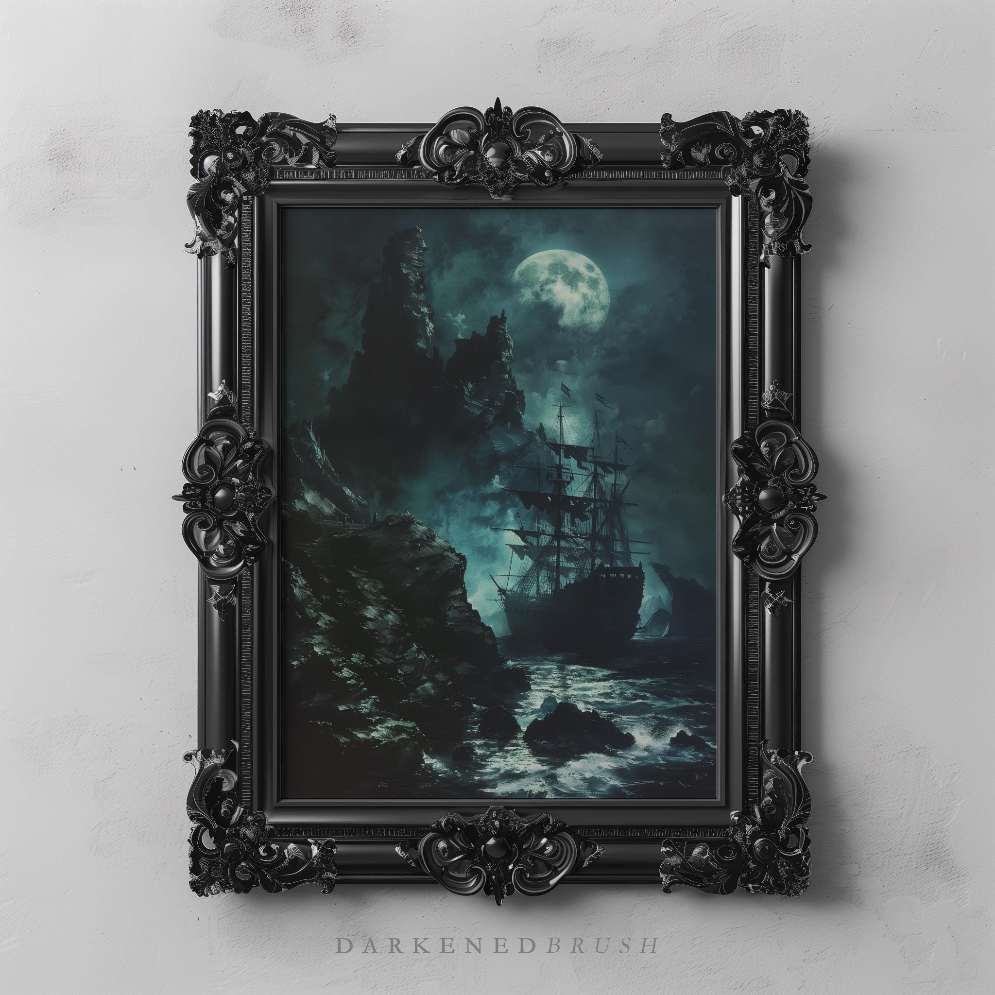 Haunted Ship, Full Moon Gothic Nautical Art, Pirate Ghost Ship Print ...