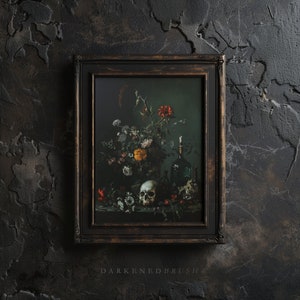 May include: A framed still life painting with a dark background. The painting features a skull, flowers, and bottles. The frame is dark brown with gold accents.
