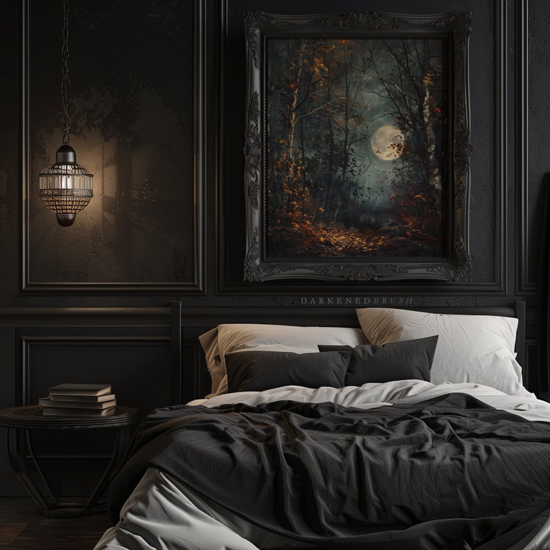 Autumn Full Moon Dark Forest Art Print, Dark Cottagecore, Moody Fall ...