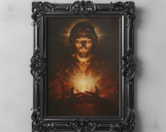 Sacred Heart Of Jesus Christ Art Painting Printable Bible Art, Jesus Portrait Religious Wall Decor Dark Oil Painting Christian Spiritual Art