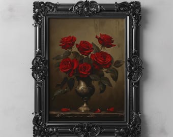 Red Rose Still Life Art Printable, Antique Floral Painting, Vintage Floral Decor, Flower Wall Art, Romantic Home Decor, Victorian Elegance