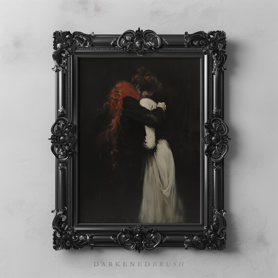 Dark Lovers Art, Gothic Love Couple Printable Dark Academia Decor Moody Gothic Wall Art Poster Print, Romantic Art Dark Romance Oil Painting