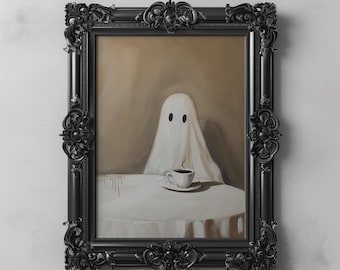Whimsical Cute Ghost with Coffee Wall Art Print, Vintage Ghost Painting, Halloween Ghost Decor, Classic Ghost Art, Spooky Coffee Printable