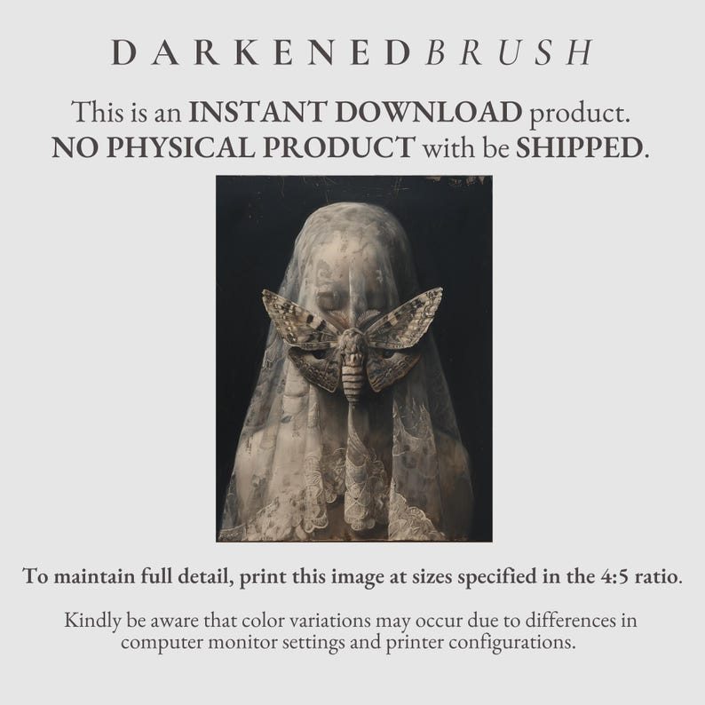 May include: A digital art print of a woman's face partially obscured by a sheer veil with a large moth covering her eyes. The moth is brown and black with intricate patterns. The background is dark.