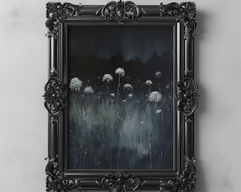 Dark Botanical Queen Anne's Lace in Dark Meadow, Dark Cottagecore Gothic Art, Moody Floral Wall Decor Nature Dark Flower Woodland Printable
