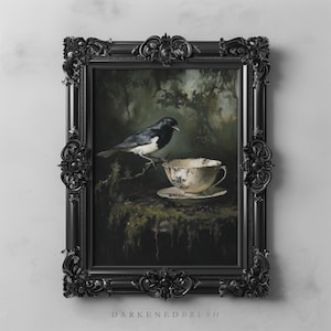 Darkcore Vogel Kunst Gothic Tee druckbare Vintage Forestcore Illustration viktorianisches Wand Natur Dekor stimmungsvolles Waldhaus Poster