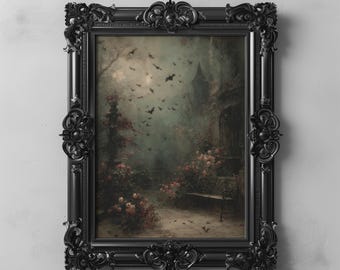 May include: A framed gothic print depicting a dark, atmospheric scene with bats, a building, and roses. The black frame has ornate detailing. The print has a vintage aesthetic, with the text "DARKENDEDBRUSH" at the bottom.