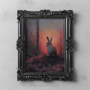 Bunny Sunset Art Print Dark Cottagecore Woodland Decor, Moody Dark Academia Animal Oil Painting, Mystical Forest Wall Art, Nature Lover Gift