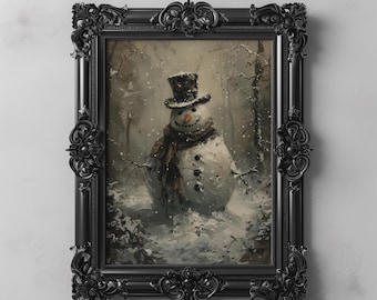 Vintage Snowman Winter Art Snowy Forest Wall Art Christmas Printable Festive Winter Holiday Home Decor Nostalgic Christmas Snowman Painting