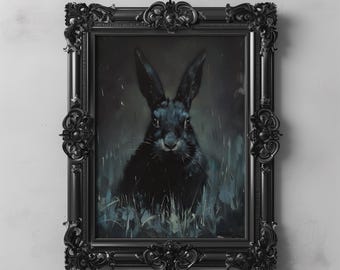 May include: A black rabbit with long ears sits in a dark, shadowy forest setting. The rabbit's eyes are bright and piercing, and its fur is soft and velvety. The painting is framed in a black ornate frame.