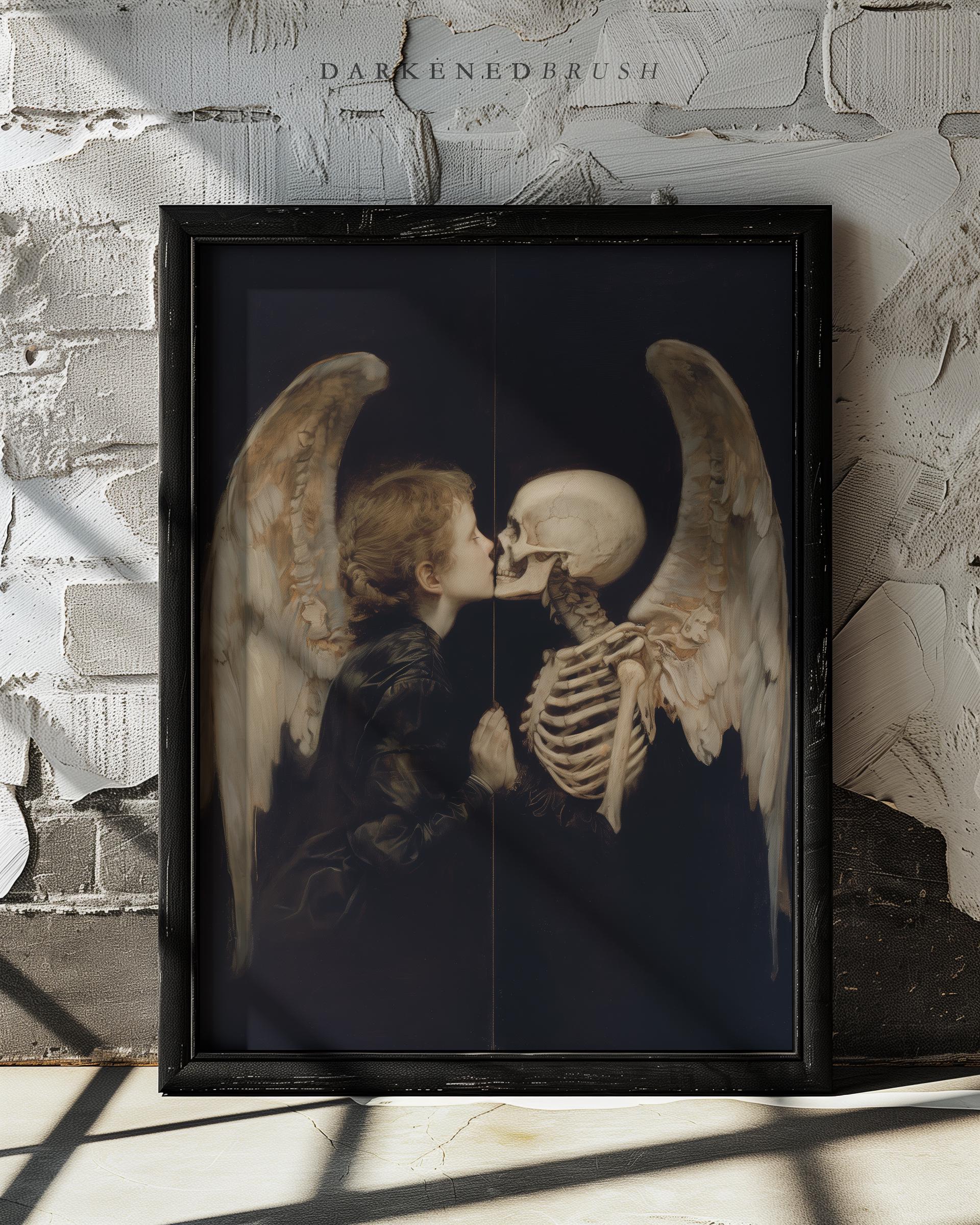 Gothic Angel Mirror Reflection Skeleton Art Painting, Dark Romance
