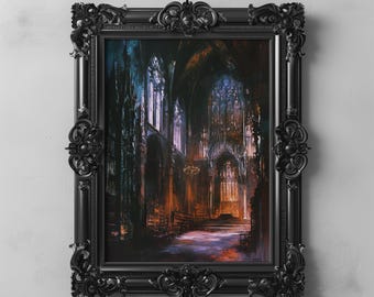 May include: A black framed painting depicting the interior of a cathedral, featuring stained glass windows and a vaulted ceiling. The painting is rendered in a dark, atmospheric style, conveying a sense of mystery and grandeur.