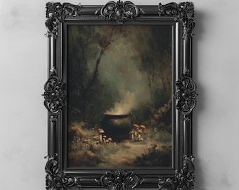 May include: A framed print featuring a dark, atmospheric forest scene with a cauldron emitting steam. The artwork is surrounded by a black, ornate frame. The bottom of the frame has the text "DARKENEBRUSH". The scene includes mushrooms and a path.