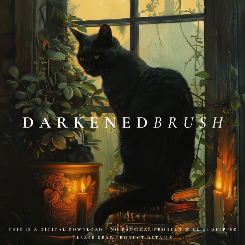 May include: A black cat sits on a stack of books in front of a window. The cat is looking to the left of the image. The window is behind a potted plant with green leaves. The text "DARKENEDBRUSH" is in white letters on a black background.