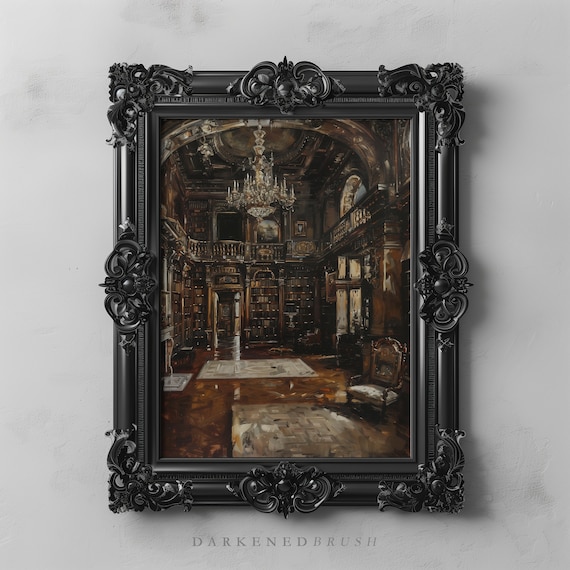 Victorian Library Room Decor Painting Printable, Dark Academia Moody Reading Wall Art Vintage Books Art Antique Oil Painting Book Lover Gift