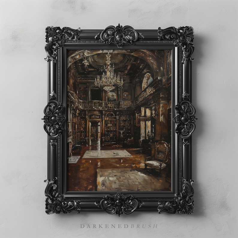 Victorian Library Room Decor Painting Printable, Dark Academia Moody Reading Wall Art Vintage Books Art Antique Oil Painting Book Lover Gift image 1