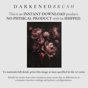 May include: A digital painting of a bouquet of pink peonies with dark red accents, dripping with paint, on a black background. The painting is titled "Darkened Brush".