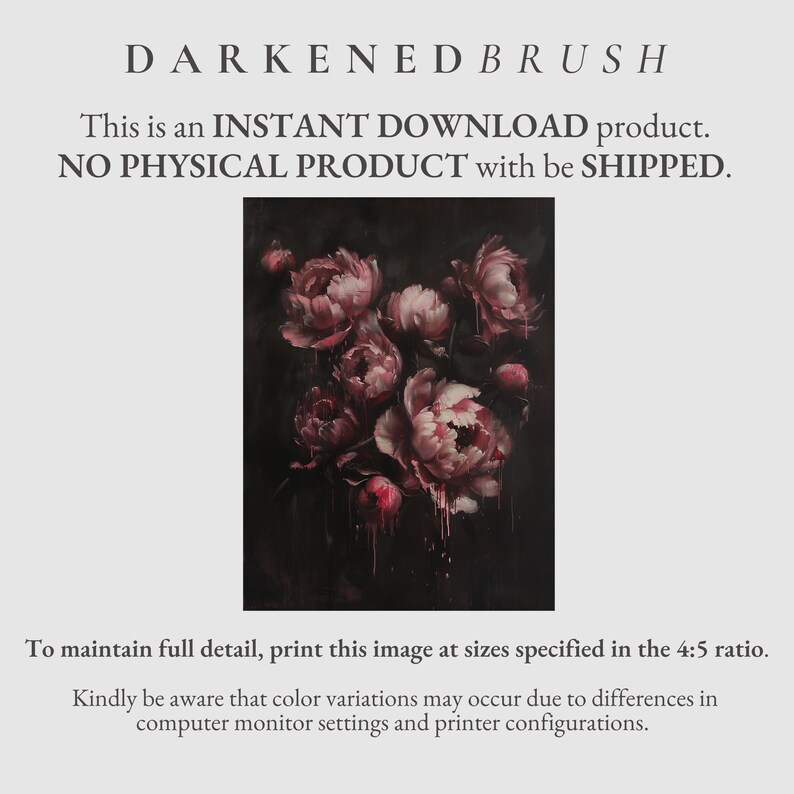 May include: A digital painting of a bouquet of pink peonies with dark red accents, dripping with paint, on a black background. The painting is titled "Darkened Brush".