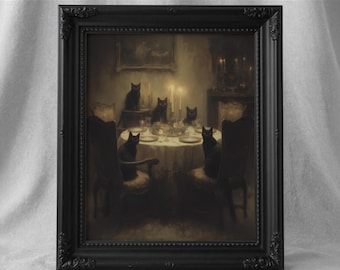 Gothic Black Cat Dinner Party Art Print, Dark Academia Cat Wall Art, Witchy Home Decor, Moody Victorian Animal Painting 572