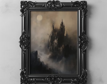 May include: A black framed print of a dark, gothic castle in the clouds. The castle is silhouetted against a pale sky with a single moon visible. The print is titled "Darkened Brush".