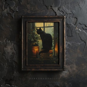 May include: A framed painting depicting a black cat perched upon a pile of books in a dimly lit room. The cat gazes out of a window, with a potted plant beside it. Candles illuminate the scene, casting a warm glow from the window.