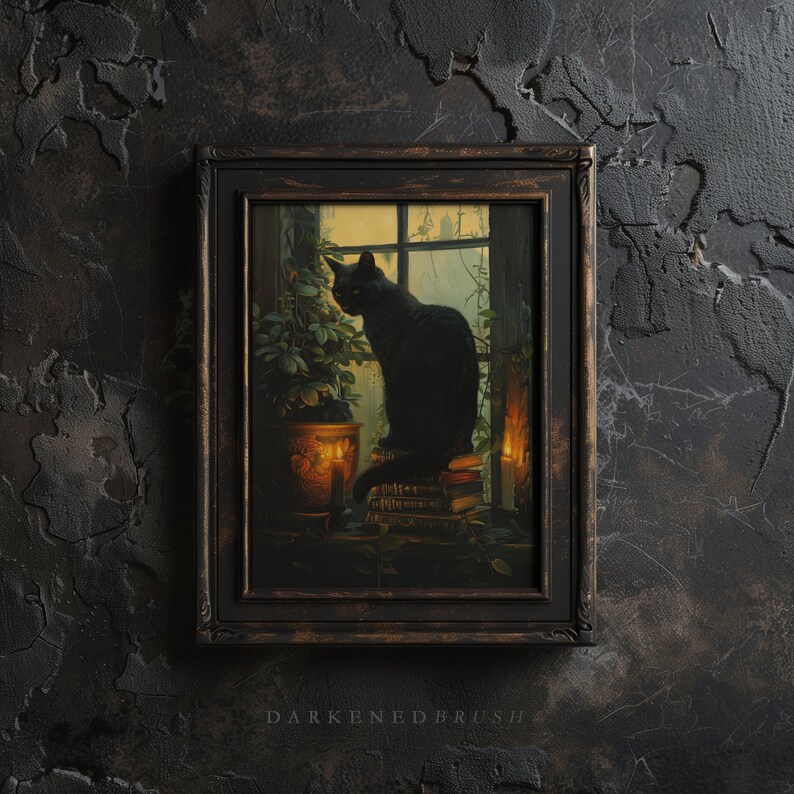 May include: A framed painting depicting a black cat perched upon a pile of books in a dimly lit room. The cat gazes out of a window, with a potted plant beside it. Candles illuminate the scene, casting a warm glow from the window.