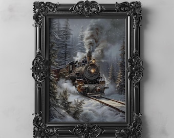 Vintage Christmas Train in Snowy Forest Winter Wonderland Holiday Decor Printable Cottagecore Christmas Art Decor Downloadable Train Art