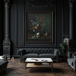 May include: A dark, moody living room with black walls, a black velvet sofa, and a black coffee table. A large framed painting of a still life with flowers and skulls hangs on the wall. The text "DARKENEDDRUSH" is printed below the painting.