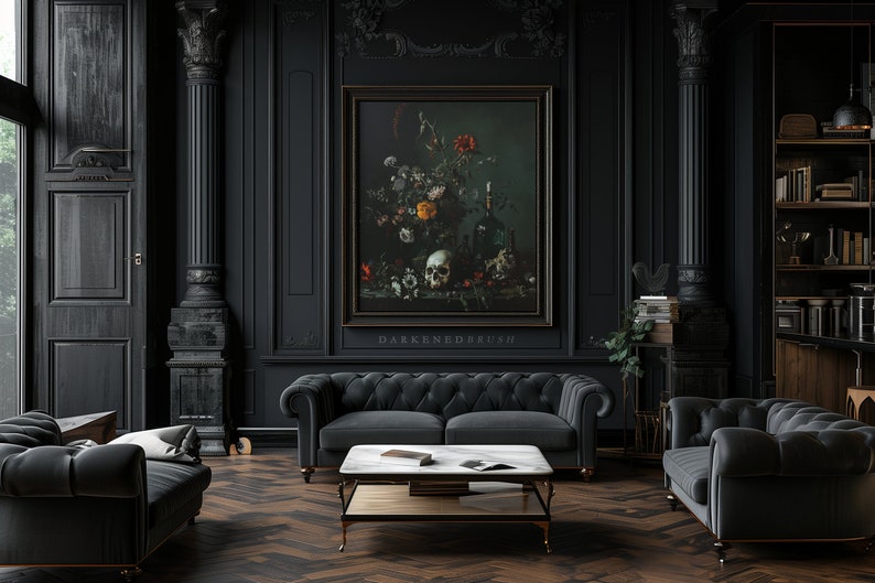 May include: A dark, moody living room with black walls, a black velvet sofa, and a black coffee table. A large framed painting of a still life with flowers and skulls hangs on the wall. The text "DARKENEDDRUSH" is printed below the painting.