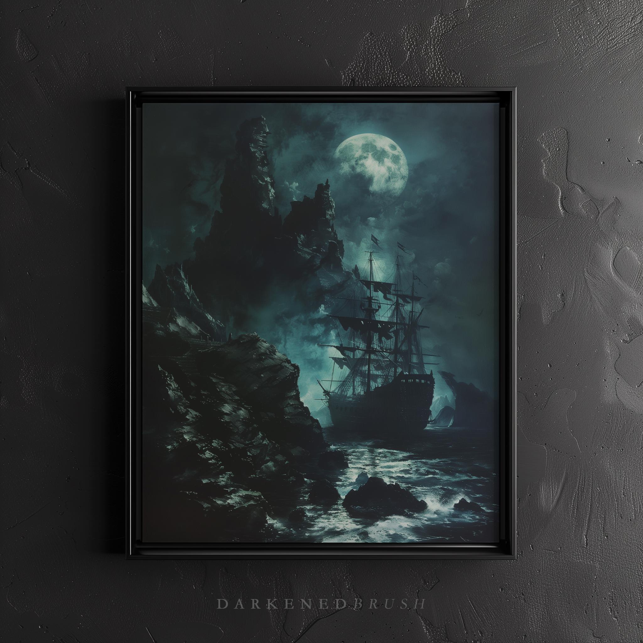 Haunted Ship, Full Moon Gothic Nautical Art, Pirate Ghost Ship Print ...