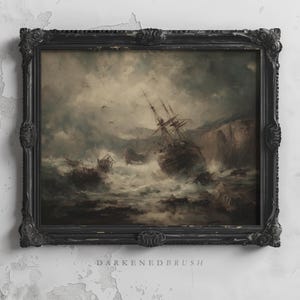 Gothic Pirate Shipwreck Crashing Against Rocks Haunted Ocean Wall Art Stormy Sea Printable Decor Dark Academia Coastal Sea Aesthetic 140