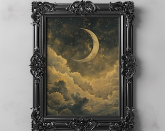May include: A black ornate frame containing a print of a gold crescent moon and stars against a backdrop of clouds. The image has a vintage, celestial feel.
