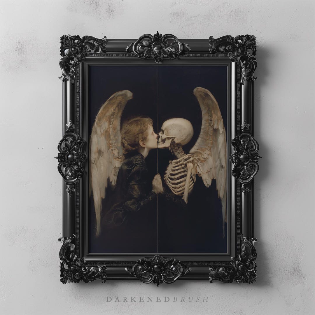 Gothic Angel Mirror Reflection Skeleton Art Painting, Dark Romance