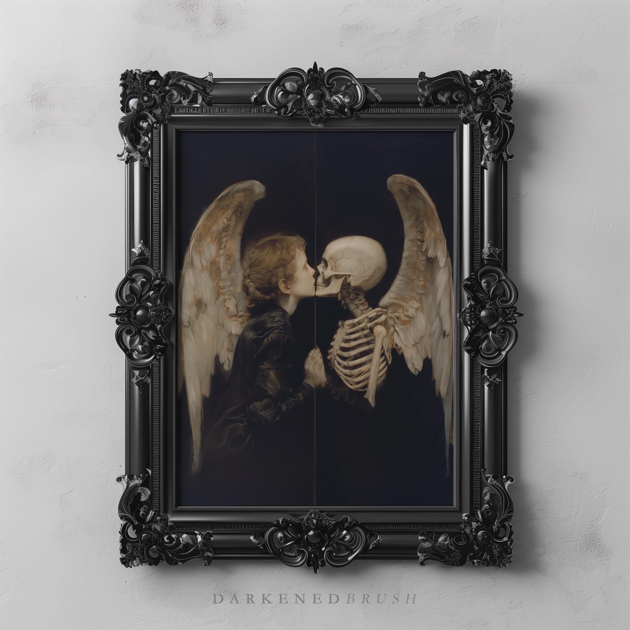 Gothic Angel Mirror Reflection Skeleton Art Painting, Dark Romance