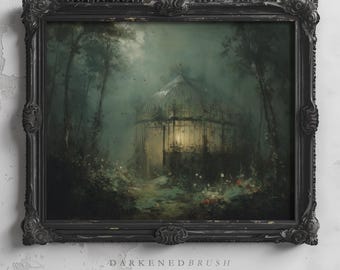 Greenhouse Deep In Forest With Lights At Night, Gothic Dark Cottagecore Botanical Nature Landscape Printable Enchanted Woodland Wall Art 250