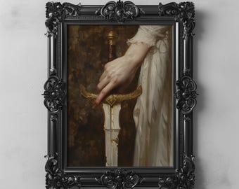 Romantic Victorian Woman Princess Sword Art Dark Academia Feminine Digital Wall Art, Medieval Fantasy Printable, Elegant Hand Gothic Decor