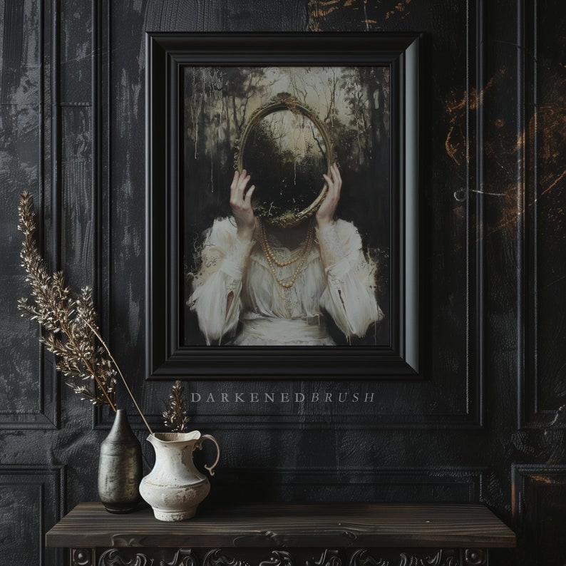May include: A framed painting of a woman in a white dress holding a large, ornate, gold-framed mirror in front of her face. The mirror reflects a dark, wooded scene. The painting is set against a dark, textured background.