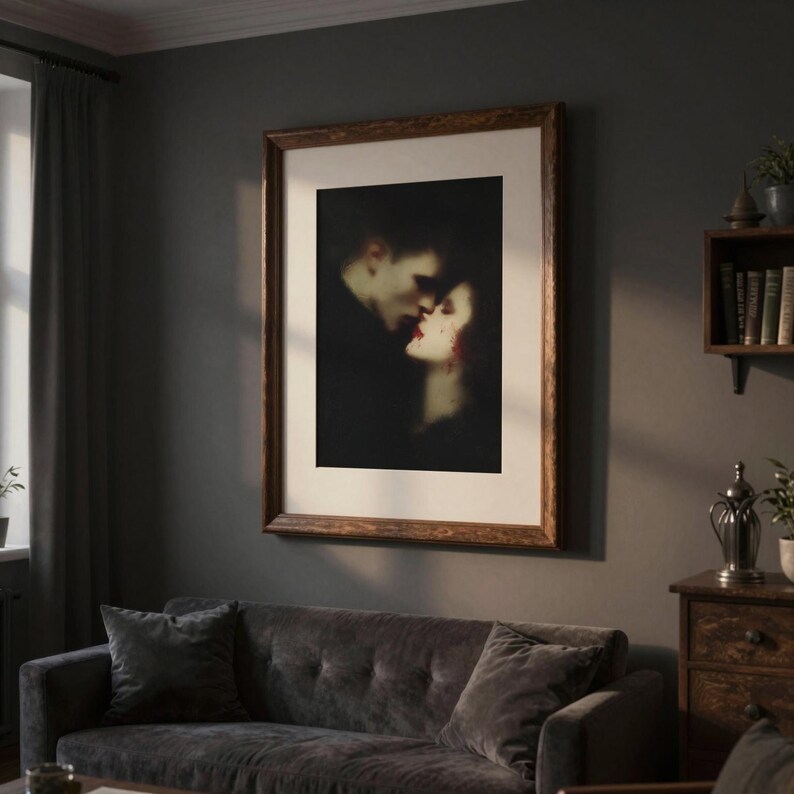 Gothic Vampire Kiss Print, Dark Romantic Wall Art for Lovers, Moody Valentine Fine Art, Baroque Gothic Couple, Haunted Bedroom Decor image 6