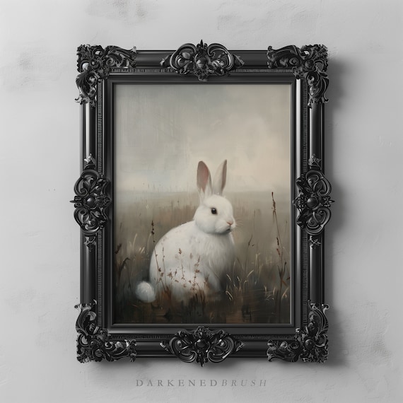 White Rabbit Cute Bunny Art Print, Dark Cottagecore Easter Bunny Painting, Moody Woodland Animal, Printable Oil Painting Fairytale Wall Art