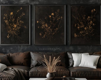 Juego de 3 impresiones botánicas florales oscuras con flores secas, pintura de flores muertas, decoración de Dark Academia, tríptico gótico imprimible para pared.