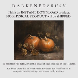May include: Two orange pumpkins with green leaves on a dark brown background.  "DARKENED BRUSH" is written in white text at the top of the image.  "This is an INSTANT DOWNLOAD product. NO PHYSICAL PRODUCT will be SHIPPED." is written in white text below the pumpkins.