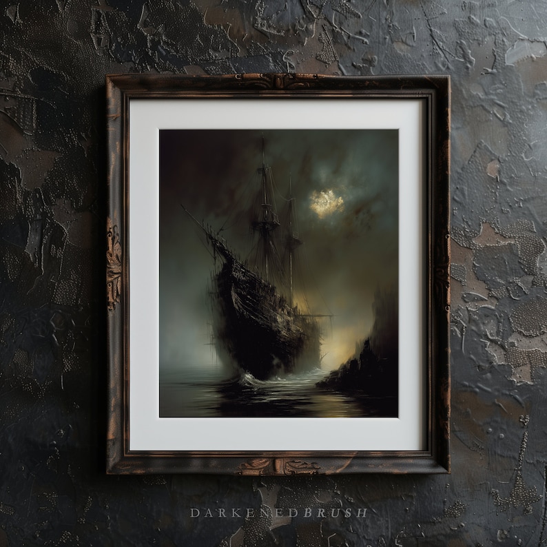 May include: A framed painting of a dark, ominous ship sailing through a foggy sea under a full moon. The ship is silhouetted against the dark sky and the moon is casting a soft glow on the water.