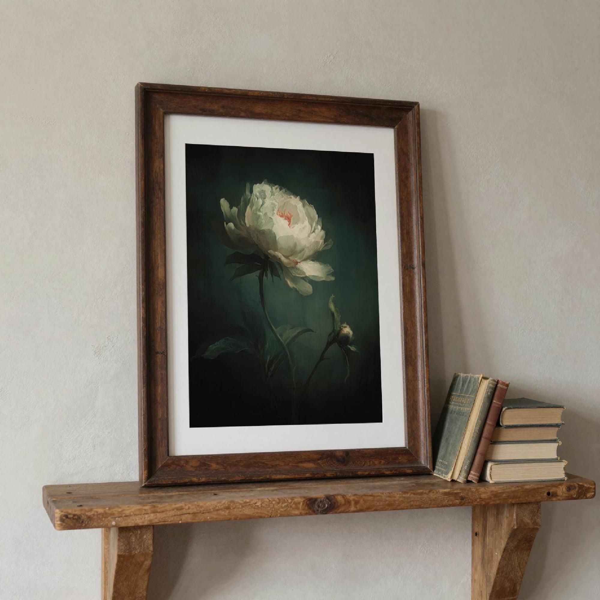 Dark Moody Peony Art Printable Gothic Floral Wall Decor, Dramatic White ...