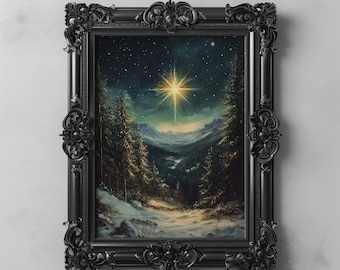 May include: A framed painting of a snowy winter scene with a bright star shining in the night sky. The painting is in a black ornate frame.