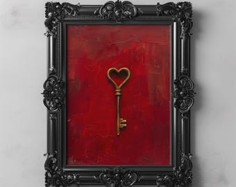 May include: A gold-colored heart-shaped key hangs in a black ornate frame against a red background. The text "DARKENED BRUSH" is printed below the frame.
