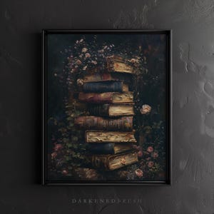 May include: A stack of vintage books with worn leather covers and gilded edges, surrounded by delicate pink roses and lush green foliage. The books are arranged in a rustic, antique style, creating a sense of mystery and intrigue.