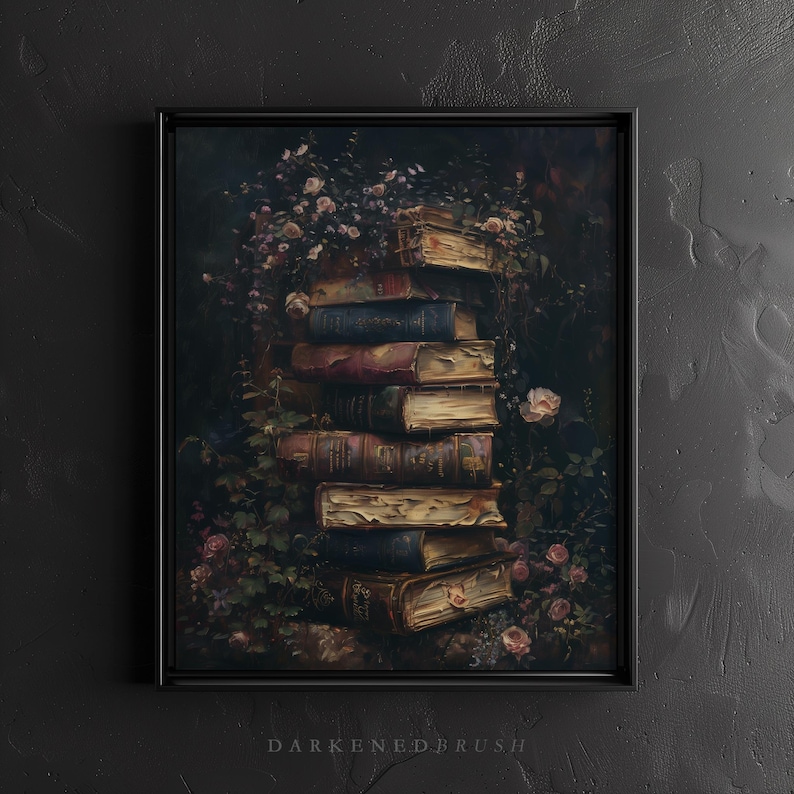 May include: A stack of vintage books with worn leather covers and gilded edges, surrounded by delicate pink roses and lush green foliage. The books are arranged in a rustic, antique style, creating a sense of mystery and intrigue.