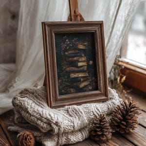 May include: A framed artwork featuring a stack of books, displayed on a wooden easel. The artwork is set on a gray knitted blanket, with pine cones on a wooden surface. The frame is brown, and the artwork has a dark, vintage aesthetic.